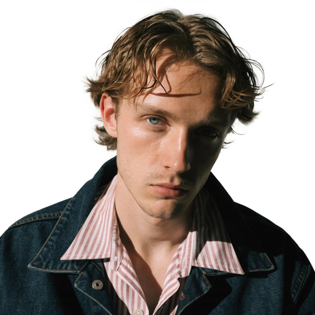 Portrait of a man wearing a denim jacket and striped shirt against a black background.